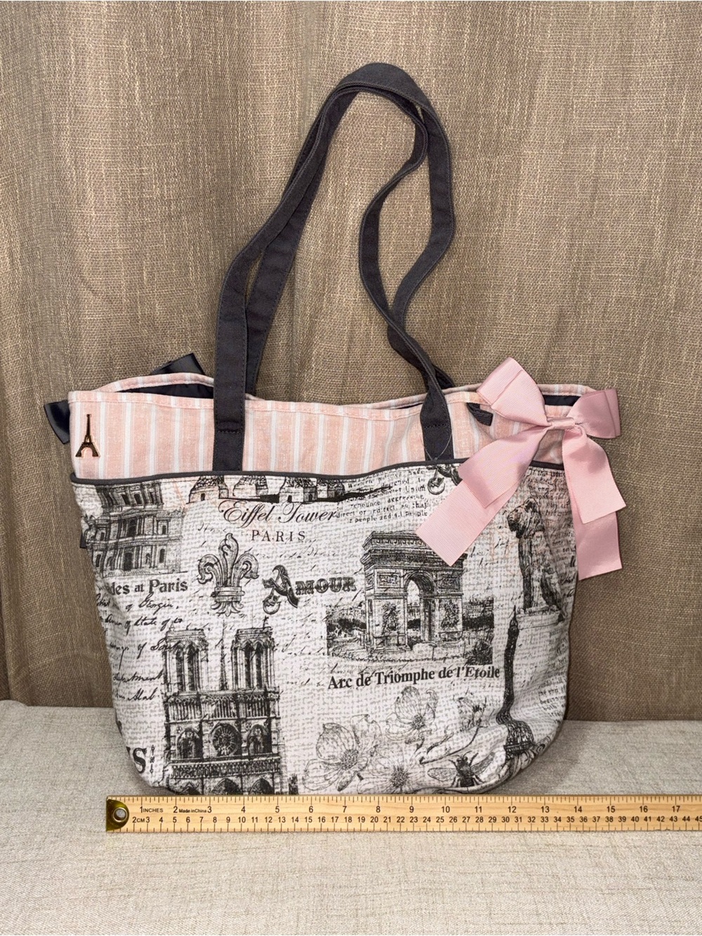 Pink and Black Paris Print Tote Bag with Bow